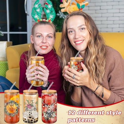 Teenyyou 12 Set of Christmas Glasses with Bamboo Lid and Glass Straw 16 oz Christmas Drinking Cup Beer Iced Coffee Cup Xmas Tumbler Mugs for Women Men Holiday Party Office Gifts - style: Christmas