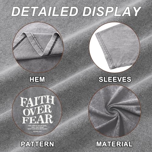 Christian Faith Over Fear Shirt for Men Jesus Religious Shirts Oversized Graphic Tees Acid Wash God T-Shirt - color: Light Gray, size: Small