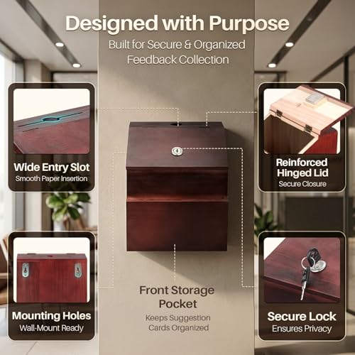 Flexzion Wooden Suggestion Box with Lock and Slot, Lockable Ballot Box