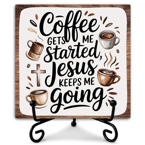 Coffee Gets Me Started Jesus Keeps Me Going Wooden Sign Decor, Rustic Wooden Plaque Sign With Iron Stand,Christian Home Office Bar Desk Shelf Decorations - style: Coffee