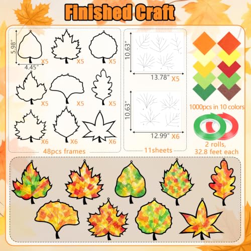 48PCS Fall Crafts Bulk: Leaves Paper Suncatchers DIY Kit for Autumn Thanksgiving Activities Decorations, Window Stained Glass Effect Art Supplies(Black,Style 2) - style: fall leaves black frame