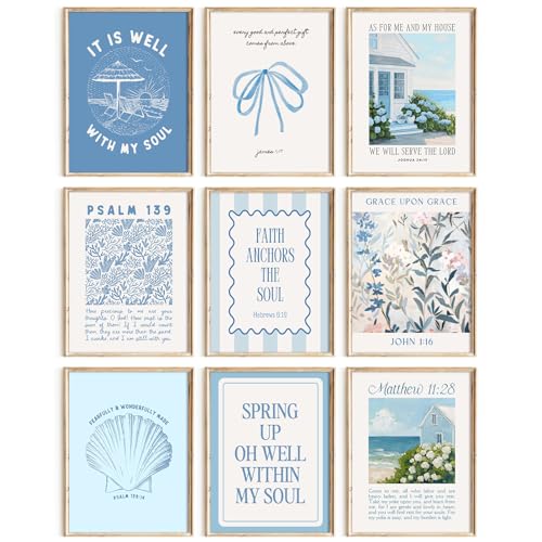 Christian Bible Verse Wall Art Blue Coastal Granddaughter Canvas Wall Decor Preppy Aesthetic Scripture Posters Religious Beach Pictures Floral Bow Prints for Living Room Bedroom 12x16x9 Inch Unframed - color: Blue Christian Art, size: 12''x16'' Unframed