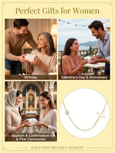 OJK 14K Gold Cross Necklace for Women Sideways Cross Birthstone Jewelry - color: 04-Synthetic Diamond