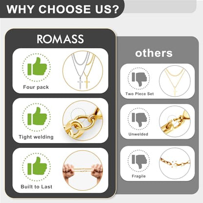 Romass 4Pcs Cross Necklace for Men Teen Boys,Stainless Steel Chains for Men Layered Necklaces Silver Gold Black Pendant Jewelry Box Gifts 18-24 Inches - size: Chain-22in/Necklace-24in, style: 4Pcs 1.2"* 0.7"pendant-Silver+Gold