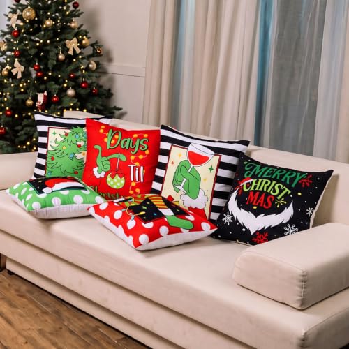 FuWeave 6 Pcs Christmas Pillow Covers 18 x 18 Inch Decorative Lime Green Red Xmas Pillow Cushion Case Pillowcase Square Christmas Pillow Covers for Home Sofa Couch Decorations(Ho Ho Ho) - style: Ho Ho Ho