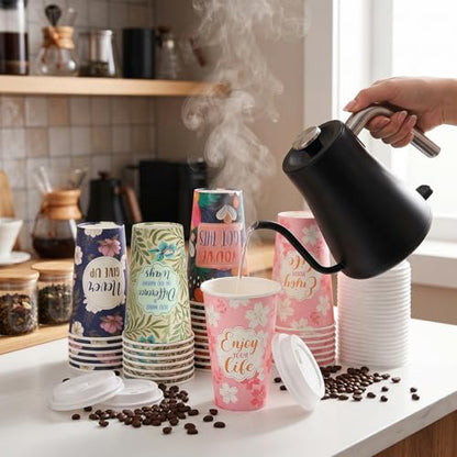 50 Pack 16 oz Disposable Coffee Cups with Lids Flowers - style: Inspirational Flowers