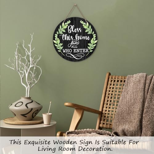 Welcome Door Sign, Greenery Wooden Round Decorative Wall Plaque, Bless This Home And All Who Enter, Christian Farmhouse Porch Yard Hanging Sign, 10 x 10 Inch, Wood