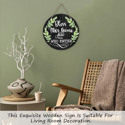 Welcome Door Sign, Greenery Wooden Round Decorative Wall Plaque, Bless This Home And All Who Enter, Christian Farmhouse Porch Yard Hanging Sign, 10 x 10 Inch, Wood
