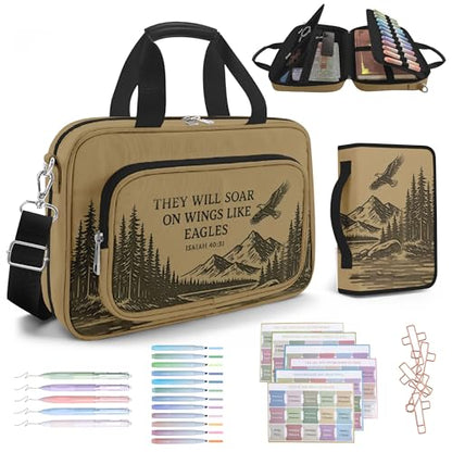 Eagle Bible Cover Case for Men,Large Bible Bag Carrying Case with Strap & Handle Zipper Pocket, Bible Study Supplies Journaling Kit, Pens Highlighters Cross Clips Tabs Christian Gift - color: Eagle