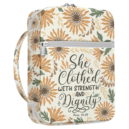 Sunflower Bible Cover for Women with Handle and Zipper, Scripture Verse Proverbs 31 25, Canvas Bible Case, Fits Standard Size Bible, Christian Gift for Mom Girls Bible Study Church Use - color: Faith-Based Lifestyle 38