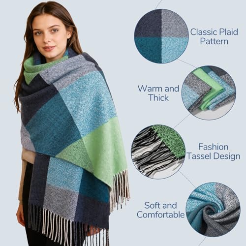 Loritta Winter Scarf for Women, Long Plaid Shawl Wraps Scarves Gifts - color: J-green Water Blue Plaid