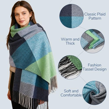 Loritta Winter Scarf for Women, Long Plaid Shawl Wraps Scarves Gifts - color: J-green Water Blue Plaid
