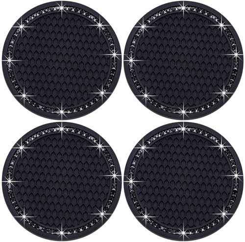 4PCS Bling Cup Holder Coaster, 2.75 Inch Auto Car Cup Holder Insert Coasters, Soft Silicone Anti-Slip Shockproof, Universal Vehicle Interior Accessories for Women Girls (Black) - color: Black & Black, size: 4 pcs