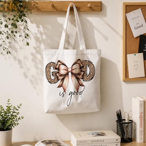 Coquette Bow Leopard Print Christian Canvas Tote Bag for Women, Cheetah Print God Is Good Bible Verse Reusable Shoulder Bag for Work Beach Travel and Shopping Grocery