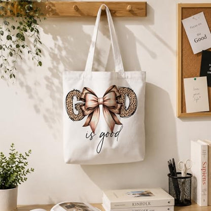 Coquette Bow Leopard Print Christian Canvas Tote Bag for Women, Cheetah Print God Is Good Bible Verse Reusable Shoulder Bag for Work Beach Travel and Shopping Grocery