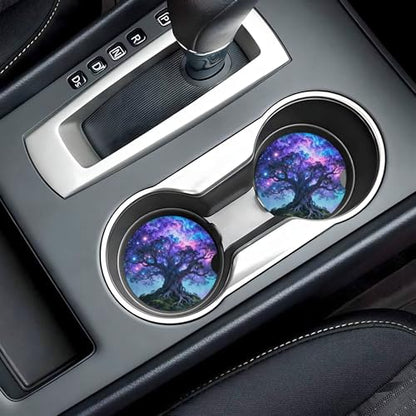 Tree Life Sky Galaxy Car Cup Holder Coasters 2 Pack 2.63" for Women - color: Purple