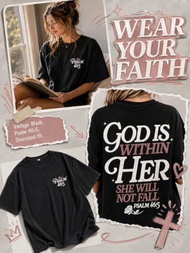 Muicy Womens Psalm 46 5 God is Within Her Christian Bible Verse Oversized T Shirt 2026 Summer - color: Black, size: Medium