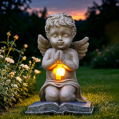 Solar Cherub Statue for Outside - Angel with Glowing LED Cross Light - color: Off-white