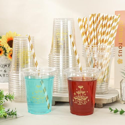 JarThenaAMCS 50Pcs Wedding Plastic Cups with Lids Gold Foil Straws Cheers Coffee Drinking Cup 12oz Gold Goblet Bachelorette Party Disposable Cups for Bridal Shower Bride Shower Anniversary