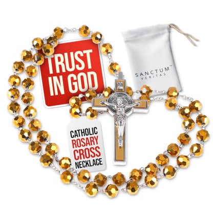 SANCTUM VERITAS Catholic Rosary Necklace | Large Italian Prayer Beads,Gift - style: Gold Crystal
