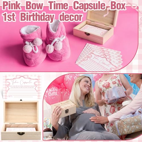Fuutreo Pink Bow Themed Time Capsule Box 1st Birthday Time Capsule First Birthday Party Games, 1st Activities for Guests, Advice and Wishes Cards Gift Keepsake for Party Supplies - style: Pink Bow
