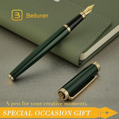 BEILUNER Racing Green Fountain Pen,Stunning Luxury Pens with 24K Gold Finish, Gorgeous 24K Gilded Nib(Medium), Fancy Pen Gift for Men&Women -Ink Converter-Christmas, Office,Fancy,Nice Pen for Writing - color: Green and Gold Finish, style: Medium Nib