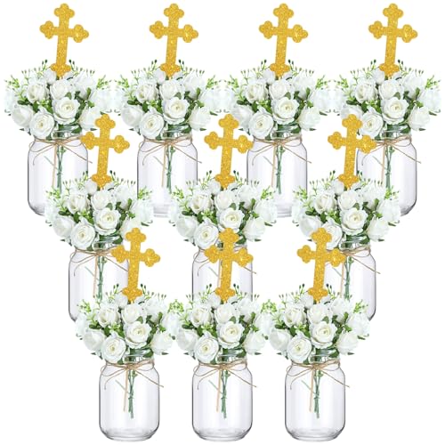 Uiifan 10 Sets Baptism Table Centerpieces with Clear Glass Mason Jars Glitter Gold Cross Cake Topper Sticks Artificial Fake Roses and Flax Rope for Wedding First Communion Party Decorations