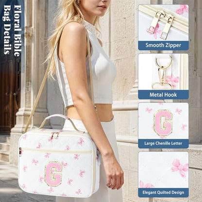 Personalized Initial Bible Cover Case for Women Bible Bag w/Study Supplies - color: Pink Bow, size: G