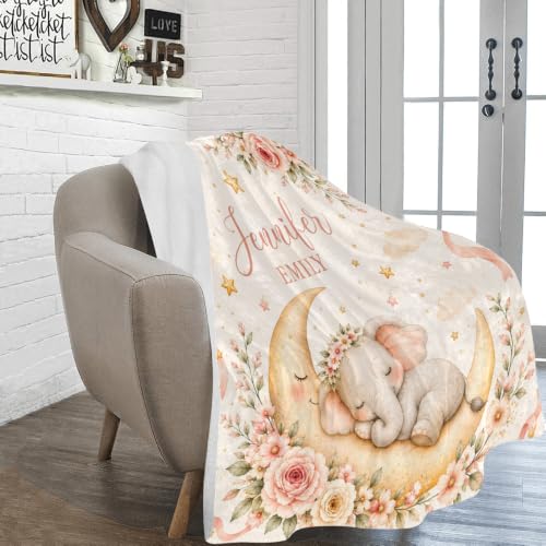 Personalized Baby Elephant Blanket with Name, Floral Moon and Stars - color: Baby Blanket #1