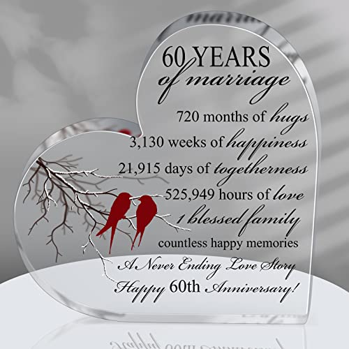 Qunclay 60th Years of Marriage Gift Wedding Anniversary Souvenir Heart Marriage Keepsake Decoration Present for Couple Parent Women Mom Husband Wife He She Friend Grandparents - style: 60th