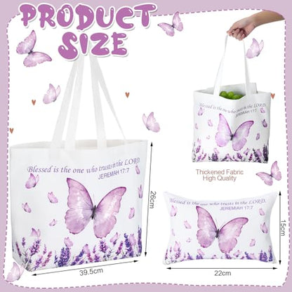 Reginary 2 Pcs Canvas Tote Bag Makeup Pouch Set - color: Purple, style: Butterfly Lavender