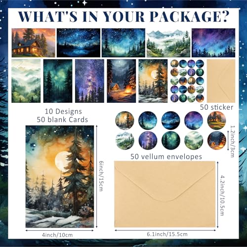 Motiskyy 50 Pcs Blank Greeting Cards 4x6, Blank Cards with Envelopes, 10 Designs, Ideal Stationary Set for All Occasions, Stationary with Matching White Envelope and Sticker(Watercolor Illustration) - style: Watercolor Illustration