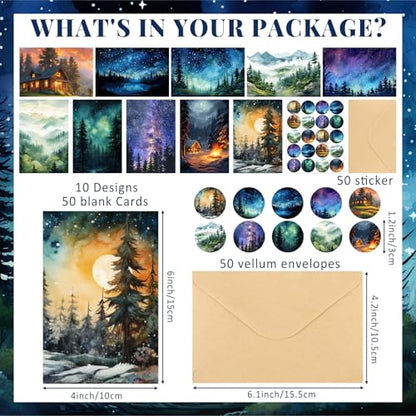 Motiskyy 50 Pcs Blank Greeting Cards 4x6, Blank Cards with Envelopes, 10 Designs, Ideal Stationary Set for All Occasions, Stationary with Matching White Envelope and Sticker(Watercolor Illustration) - style: Watercolor Illustration