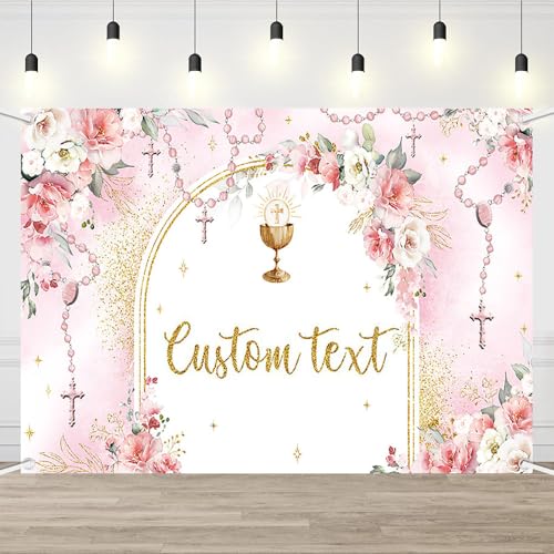 AIBIIN 7x5ft First Holy Communion Custom Backdrop for Girl Mi Primera Comunión Party Personalized Decorations Pink and Elegant Floral Party Banner Dove Bible God Bless Party Photo Props - color: Pink Custom, size: 7x5ft