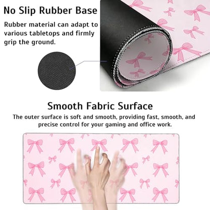 Pink Bow Mouse Pad,35.4 x 15.7 Inch Large Mouse Mat Non-Slip Rubber Stitched Edges for Writing Desk,Office,Home,Laptop - color: Pink Bow, size: 35.4L x 15.7W inches