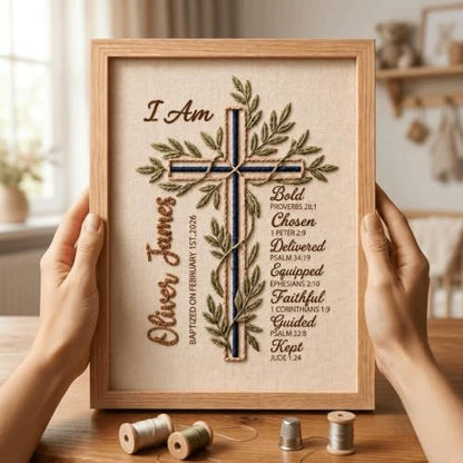 NAZENTI Custom Hand Embroidery Wooden Frame Sign Baptism Gift for Boy, Personalized Embroidered Floral Sign with Name - color: DS05
