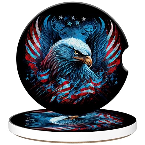 American Eagle Flag Car Cup Holder Coaster, Car Coasters for Cup Holder, 2 Pack The USA Flag Anti-Slip Absorbent Ceramic Car Cup Coasters with Finger Notch Cork Base for Women Men 2.56" - color: American Eagle Flag