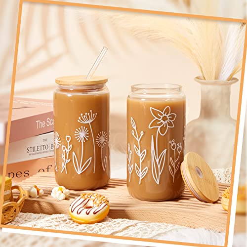 Mumufy 4 Pack Boho Floral Glass Cup, 16 oz Tumbler Mug with Bamboo Lid - style: Boho Floral