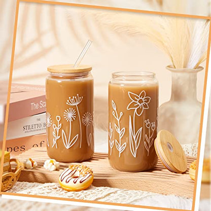 Mumufy 4 Pack Boho Floral Glass Cup, 16 oz Tumbler Mug with Bamboo Lid - style: Boho Floral