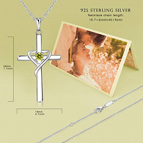 AmorAime 925 Sterling Silver Cross Necklace for Women Men 14K Gold Plated 5A CZ Birthstone Necklaces for Holiday - color: H.Green-August-Peridot