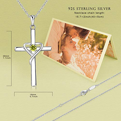 AmorAime 925 Sterling Silver Cross Necklace for Women Men 14K Gold Plated 5A CZ Birthstone Necklaces for Holiday - color: H.Green-August-Peridot