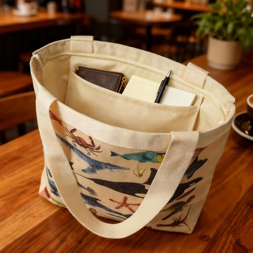 Large Tote Shopping Bag Cotton Canvas-Reusable grocery Bag with Zipper Aesthetic Reusable Shoulder Bag - style: Style-b