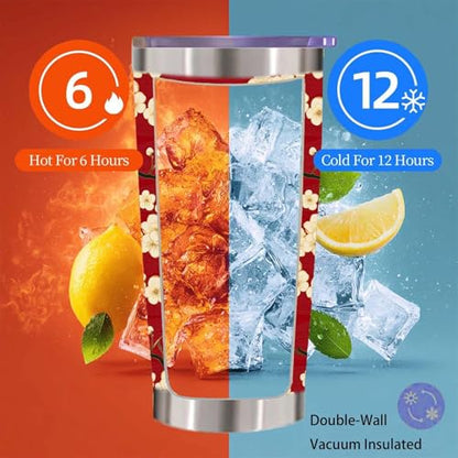 Red Cherry Blossom Tumbler 20 oz, Sakura Floral Insulated Stainless Steel Cup with Lid and Straw, Cream Botanical Travel Coffee Mug, Gifts for Women Mom, Flower Lovers - color: Asian Floral