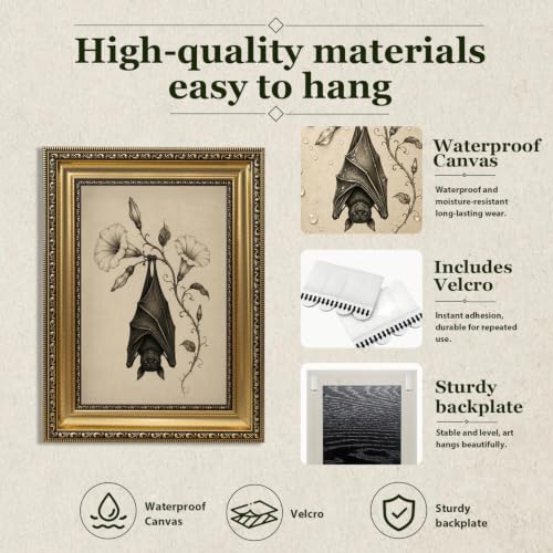 Vintage Gold Framed Gothic Style Bat Curling Flowers Wall Art 9X11 in - color: Bat 1, size: 11"L x 9"W
