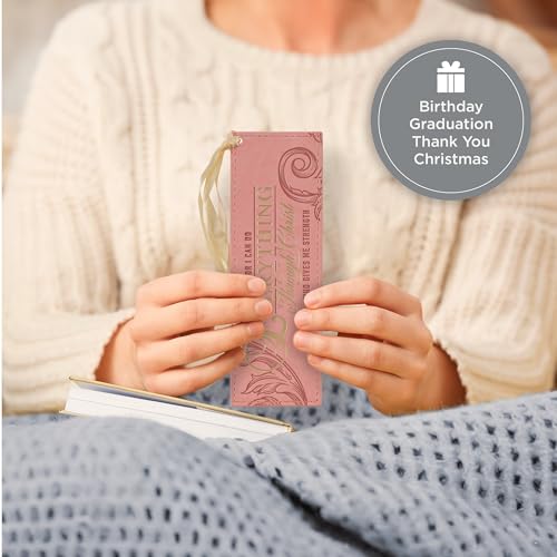 Christian Art Gifts Faux Leather Bookmark: Everything Through Christ - color: Pink/Through Christ