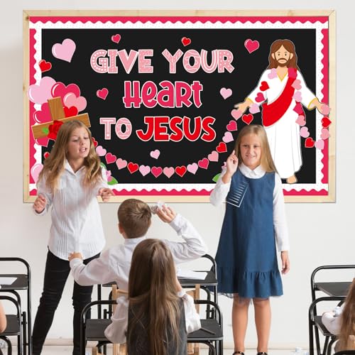 Valentine's Day Jesus Bulletin Board Set Valentines Religious Christian Classroom Decorations Give Your Heart to Jesus Love Heart Rose Cross Paper Cutouts for Sunday School Home Chalkboard Wall Decor - style: Valentines Religious