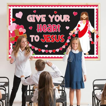 Valentine's Day Jesus Bulletin Board Set Valentines Religious Christian Classroom Decorations Give Your Heart to Jesus Love Heart Rose Cross Paper Cutouts for Sunday School Home Chalkboard Wall Decor - style: Valentines Religious