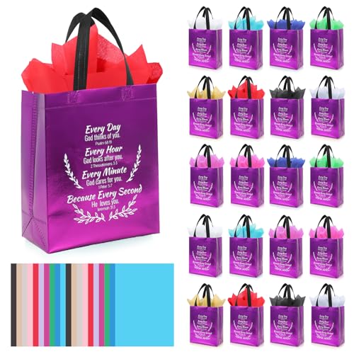 LUAVIARU 40 Pcs Bible Verse Christian Gift Bags Set – 20 Purple Reusable Gift Bag with Handles & 20 Tissue Paper, Religious Gift Bag for Church Events, Baptism, Easter, Communion, Congratulations - color: Purple, size: 20