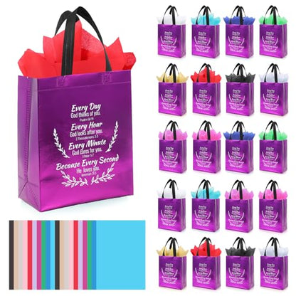 LUAVIARU 40 Pcs Bible Verse Christian Gift Bags Set – 20 Purple Reusable Gift Bag with Handles & 20 Tissue Paper, Religious Gift Bag for Church Events, Baptism, Easter, Communion, Congratulations - color: Purple, size: 20
