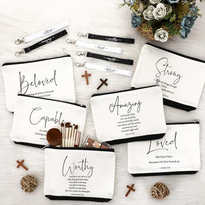 Huhumy 12 Pcs Christian Makeup Bag, Black White, Inspirational Words - color: Black White, style: Inspirational Words
